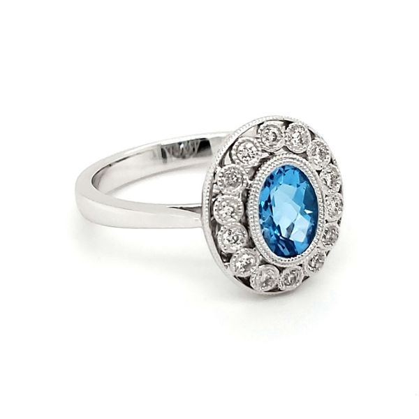 14K White Gold Antique Styled Blue Topaz & Diamond Ring Image 2 Quality Gem LLC Bethel, CT