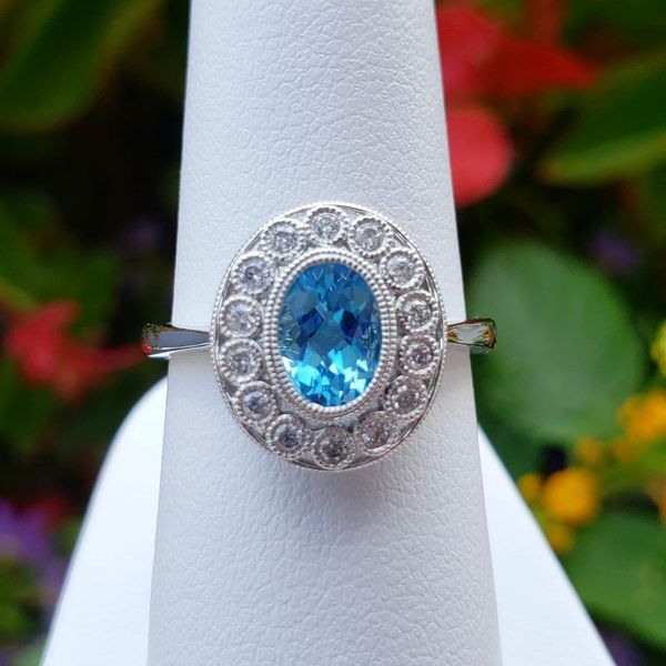 14K White Gold Antique Styled Blue Topaz & Diamond Ring Image 4 Quality Gem LLC Bethel, CT