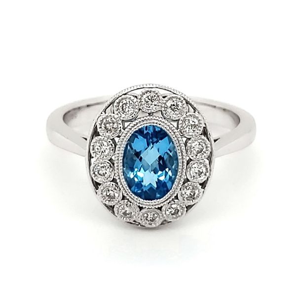 14K White Gold Antique Styled Blue Topaz & Diamond Ring Quality Gem LLC Bethel, CT
