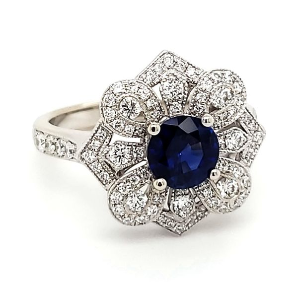 SOLD - 14K White Gold Antique Styled Sapphire & Diamond Statement Ring Image 3 Quality Gem LLC Bethel, CT