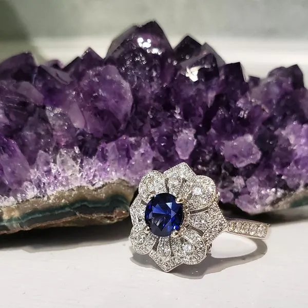 SOLD - 14K White Gold Antique Styled Sapphire & Diamond Statement Ring Image 4 Quality Gem LLC Bethel, CT