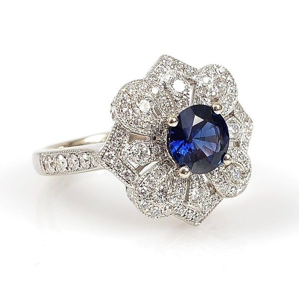 SOLD - 14K White Gold Antique Styled Sapphire & Diamond Statement Ring Quality Gem LLC Bethel, CT