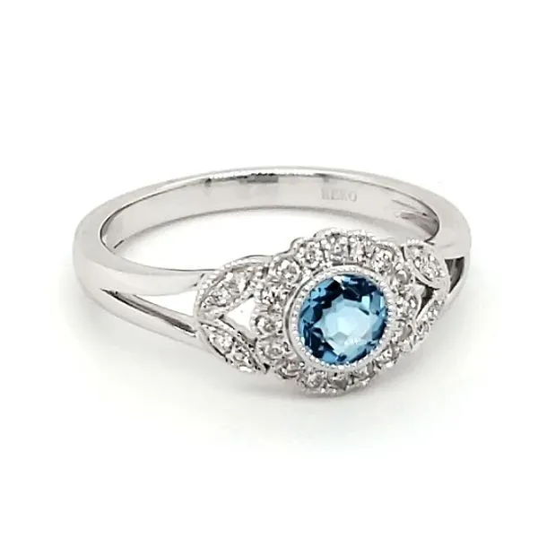 14K White Gold Antique Styled Blue Topaz & Diamond Ring Image 2 Quality Gem LLC Bethel, CT