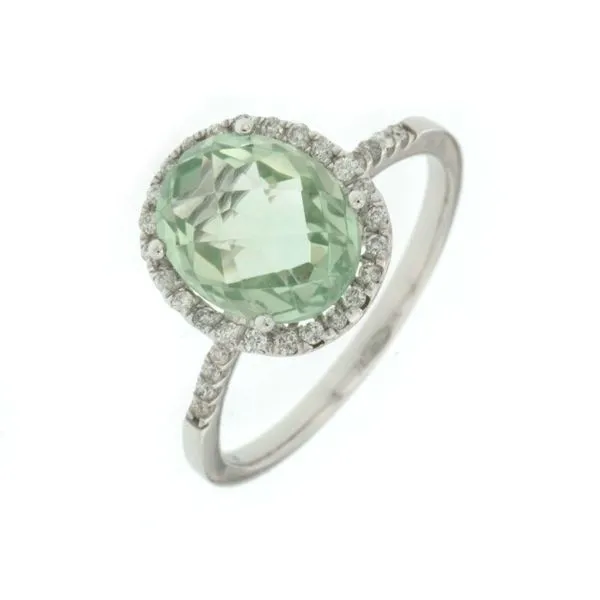 14K White Gold Oval Light Green Quartz & Diamond Halo Ring Image 3 Quality Gem LLC Bethel, CT