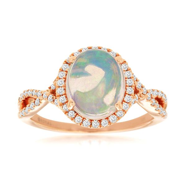 14K Rose Gold Oval Opal Cabochon & Diamond Halo Twist Ring Quality Gem LLC Bethel, CT