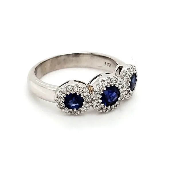 14K White Gold Three Stone Ceylon Sapphire & Diamond Triple Halo Ring Image 3 Quality Gem LLC Bethel, CT