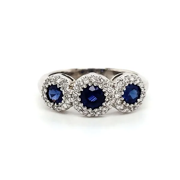 14K White Gold Three Stone Ceylon Sapphire & Diamond Triple Halo Ring Quality Gem LLC Bethel, CT