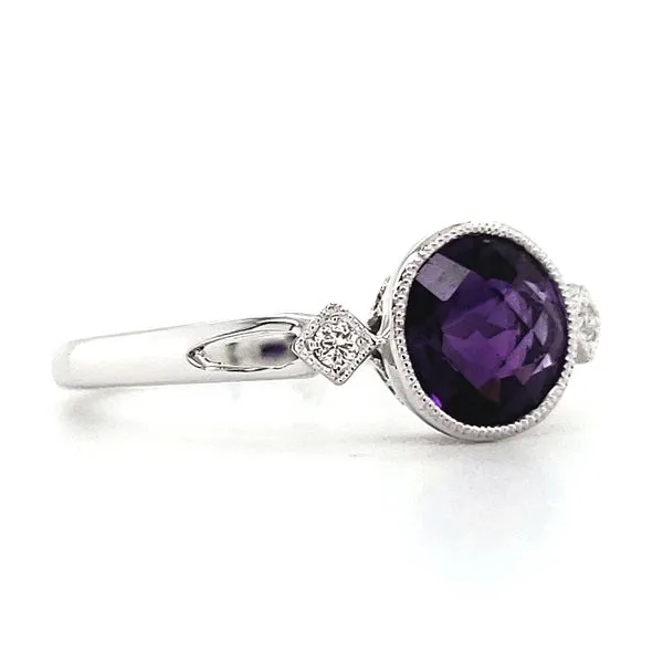 14K White Gold Milgrain Bezel Amethyst & Diamond Ring Image 2 Quality Gem LLC Bethel, CT