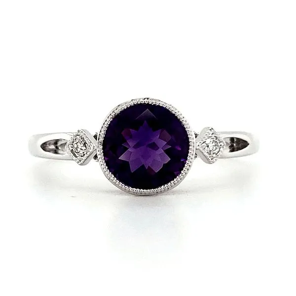 14K White Gold Milgrain Bezel Amethyst & Diamond Ring Quality Gem LLC Bethel, CT