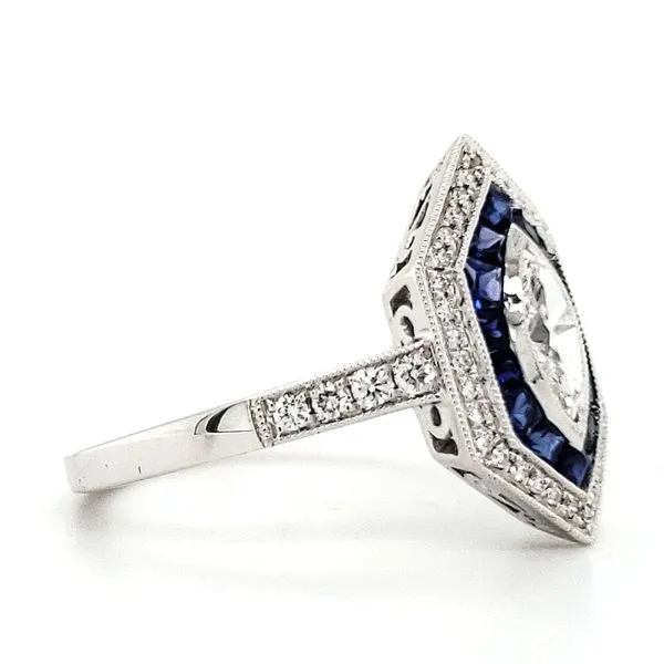 14K White Gold Geometric Sapphire & Milgrain Bezel Marquise Diamond Ring Image 2 Quality Gem LLC Bethel, CT