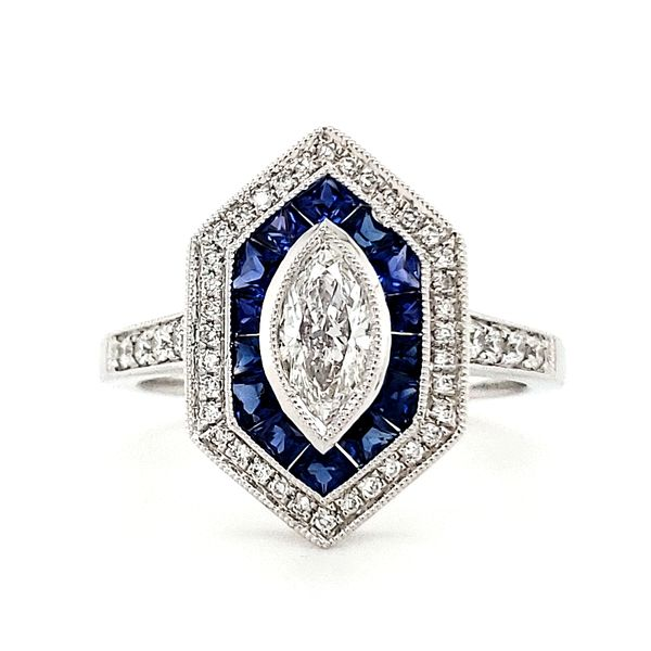 14K White Gold Geometric Sapphire & Milgrain Bezel Marquise Diamond Ring Quality Gem LLC Bethel, CT