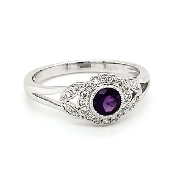 14K White Gold Milgrain Floral Halo Amethyst & Diamond Ring Image 4 Quality Gem LLC Bethel, CT