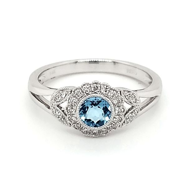 14K White Gold Antique Styled Blue Topaz & Diamond Ring Image 3 Quality Gem LLC Bethel, CT