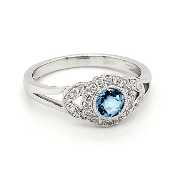 14K White Gold Antique Styled Blue Topaz & Diamond Ring Image 4 Quality Gem LLC Bethel, CT