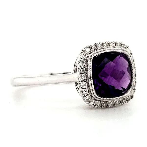 14K White Gold Cushion Amethyst & Diamond Halo Ring Image 2 Quality Gem LLC Bethel, CT