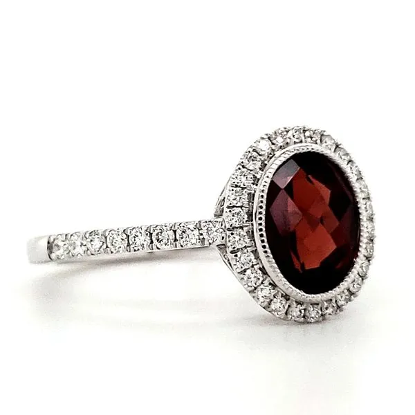 14K White Gold Milgrain Oval Garnet & Diamond Halo Ring Image 2 Quality Gem LLC Bethel, CT