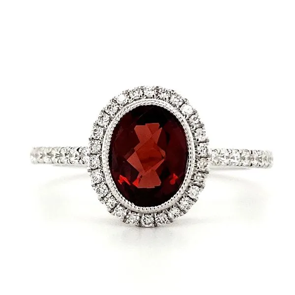 14K White Gold Milgrain Oval Garnet & Diamond Halo Ring Quality Gem LLC Bethel, CT
