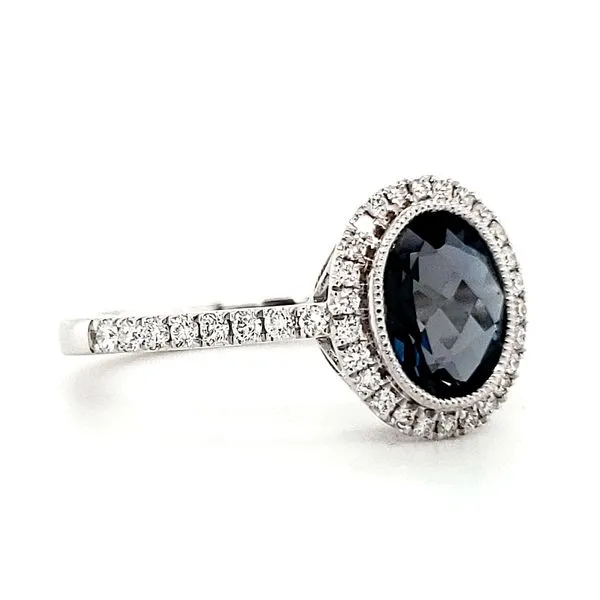 14K White Gold Milgrain Oval London Blue Topaz & Diamond Halo Ring Image 2 Quality Gem LLC Bethel, CT