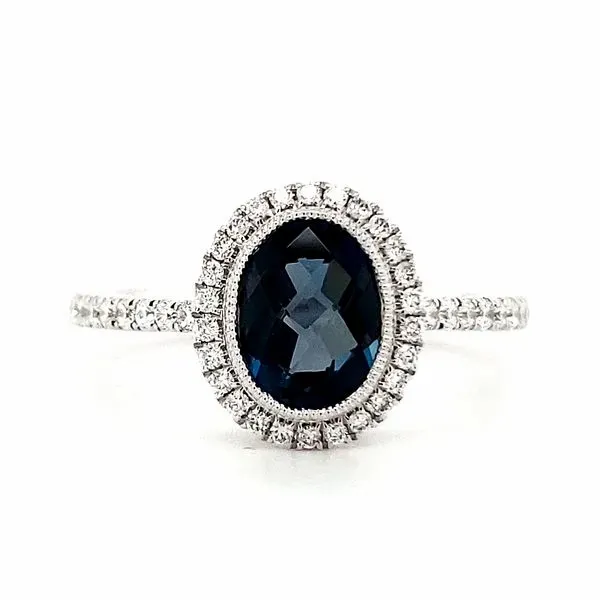 14K White Gold Milgrain Oval London Blue Topaz & Diamond Halo Ring Image 3 Quality Gem LLC Bethel, CT