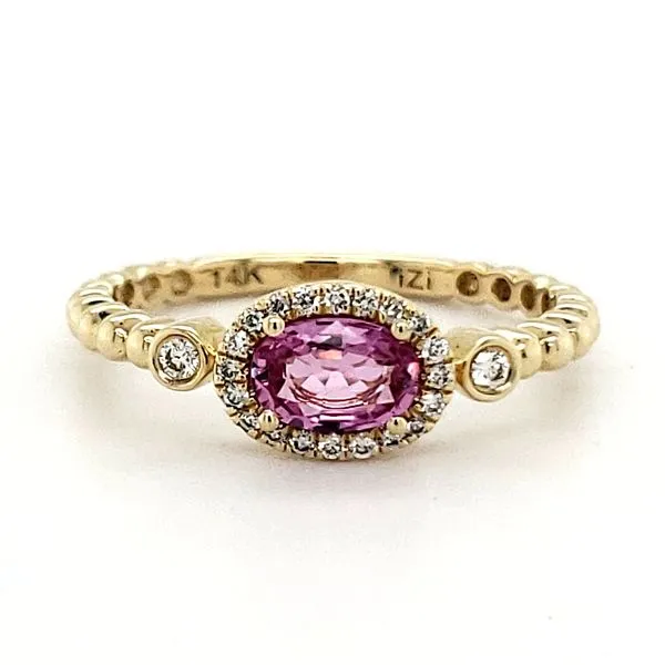 14K Yellow Gold Pink Sapphire and Diamond East West Halo Ring Size 6.5 Quality Gem LLC Bethel, CT