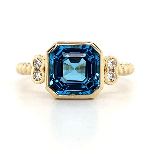 14K Yellow Gold Blue Topaz and Diamond Twist and Bezel Ring Size 6.5 Quality Gem LLC Bethel, CT