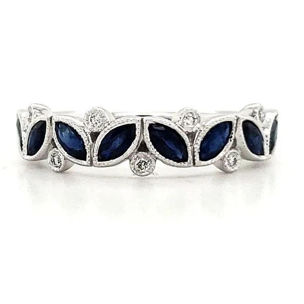 14K White Gold Sapphire and Diamond Straight Floral Band Ring Size 6 Quality Gem LLC Bethel, CT