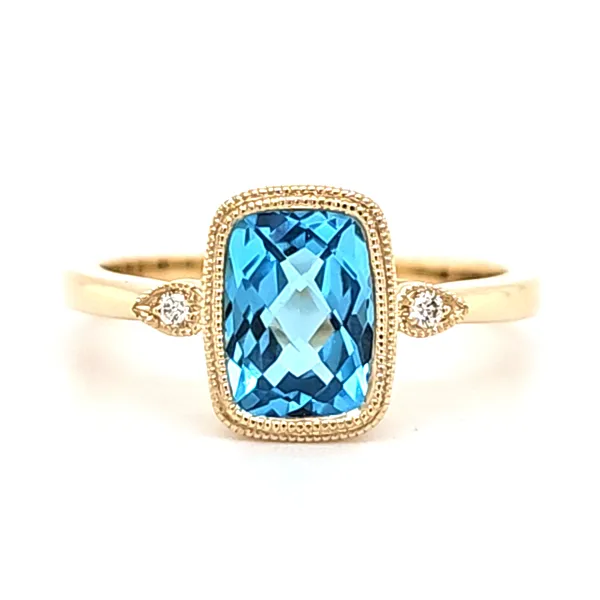 14K Yellow Gold Blue Topaz and Diamond Beaded Bezel Ring Size 6.5 Quality Gem LLC Bethel, CT
