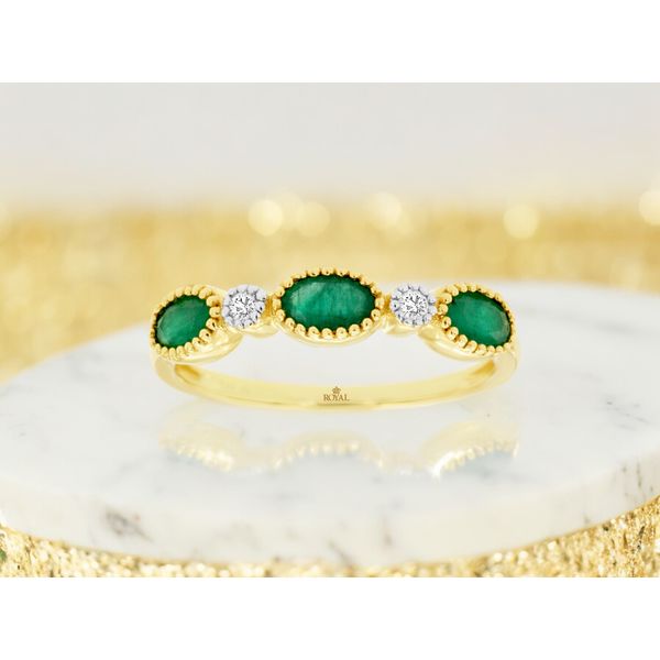 14K Yellow Gold East West Beaded Bezel Emerald and Diamond Ring Size 7 Image 2 Quality Gem LLC Bethel, CT