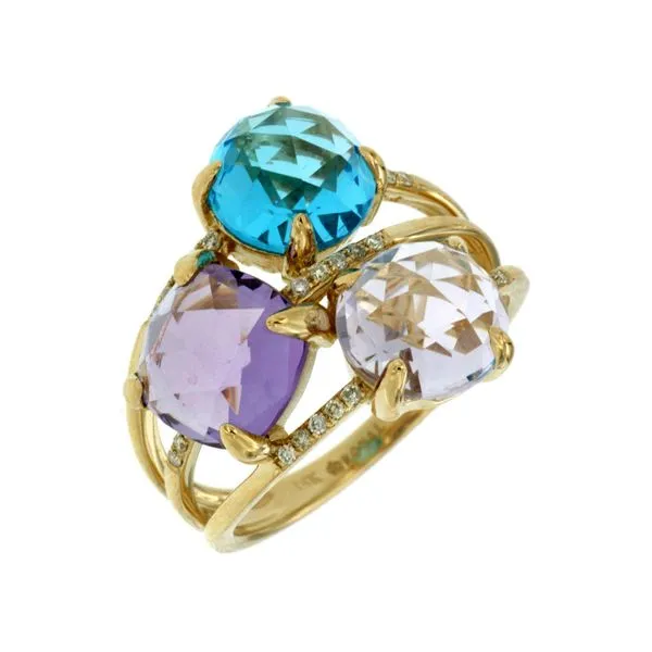 14K Yellow Gold Amethyst, Rose De France and Blue Topaz and Diamond Color Cubes Ring Size 7 Quality Gem LLC Bethel, CT