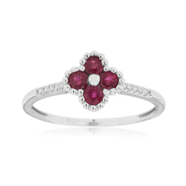 14K White Gold Ruby and Diamond Beaded Quatrefoil Ring Size 7 Quality Gem LLC Bethel, CT