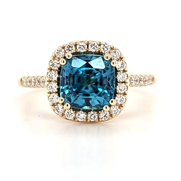 14K Yellow Gold Blue Zircon and Diamond Halo Ring Size 6.5 Quality Gem LLC Bethel, CT
