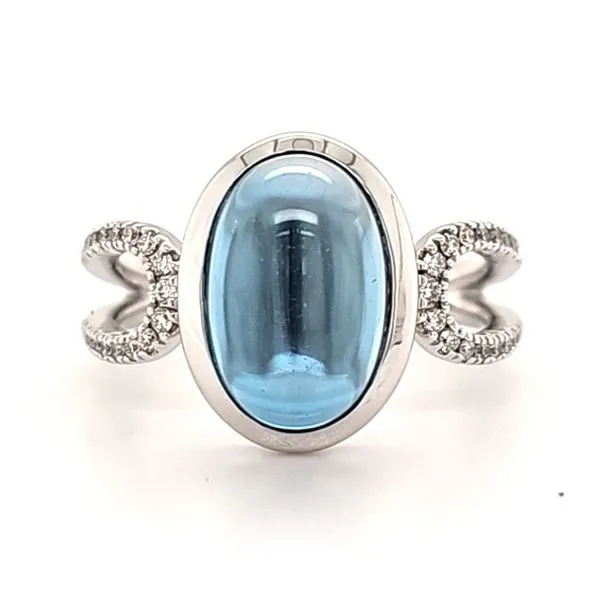 14K White Gold Cabochon London Blue Topaz and Diamond Ring Size 6.75 Quality Gem LLC Bethel, CT