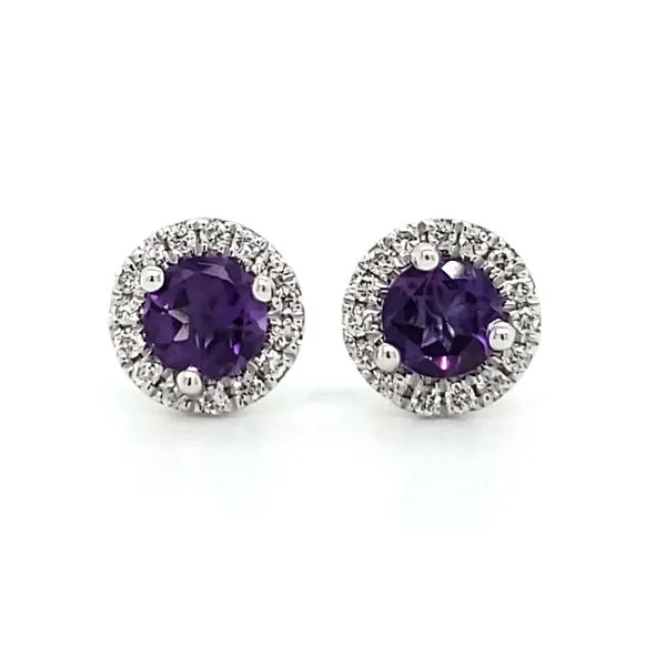 14K White Gold Amethyst & Diamond Halo Stud Earrings Image 2 Quality Gem LLC Bethel, CT