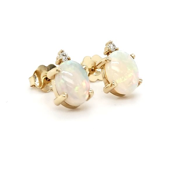 14K Yellow Gold Opal & Diamond Stud Earrings Image 2 Quality Gem LLC Bethel, CT