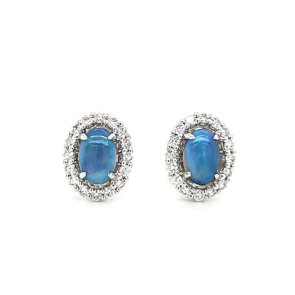 14K White Gold Opal & Diamond Halo Stud Earrings Image 2 Quality Gem LLC Bethel, CT