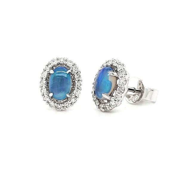 14K White Gold Opal & Diamond Halo Stud Earrings Image 3 Quality Gem LLC Bethel, CT