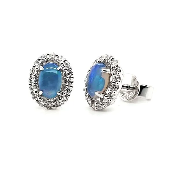 14K White Gold Opal & Diamond Halo Stud Earrings Image 4 Quality Gem LLC Bethel, CT