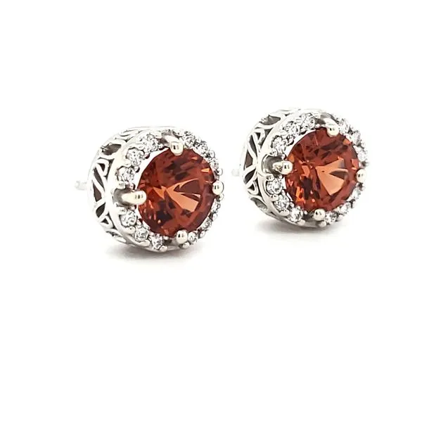 14K White Gold Spessartite Garnet & Diamond Halo Stud Earrings Image 2 Quality Gem LLC Bethel, CT
