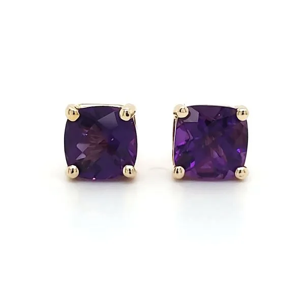 14K Yellow Gold Cushion Amethyst Stud Earrings Image 2 Quality Gem LLC Bethel, CT