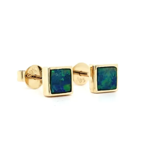 14K Yellow Gold Square Opal Doublet Stud Earrings Image 2 Quality Gem LLC Bethel, CT