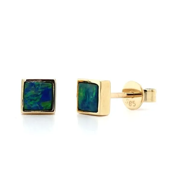 14K Yellow Gold Square Opal Doublet Stud Earrings Image 3 Quality Gem LLC Bethel, CT