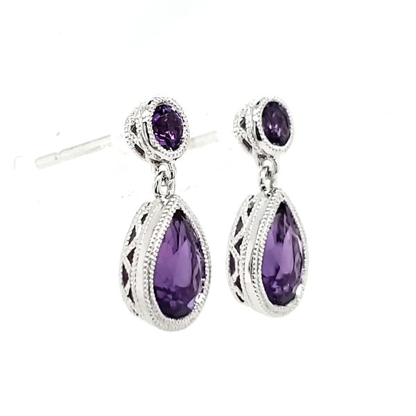 14K White Gold Amethyst Milgrain Bezel Dangle Earrings Image 2 Quality Gem LLC Bethel, CT