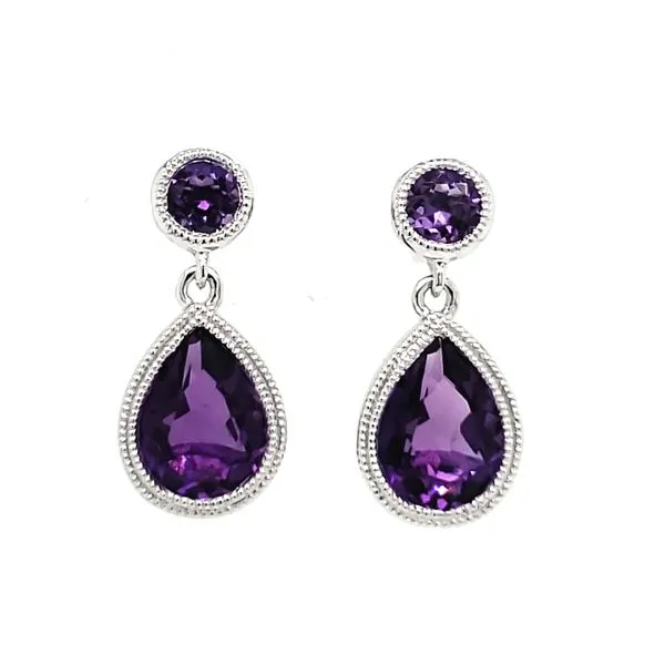 14K White Gold Amethyst Milgrain Bezel Dangle Earrings Quality Gem LLC Bethel, CT