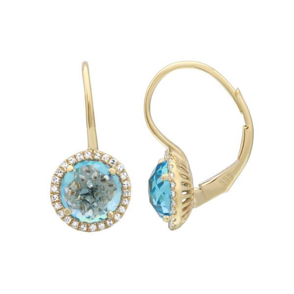 14K Yellow Gold Blue Topaz & Diamond Leverback Dangle Earrings Image 2 Quality Gem LLC Bethel, CT