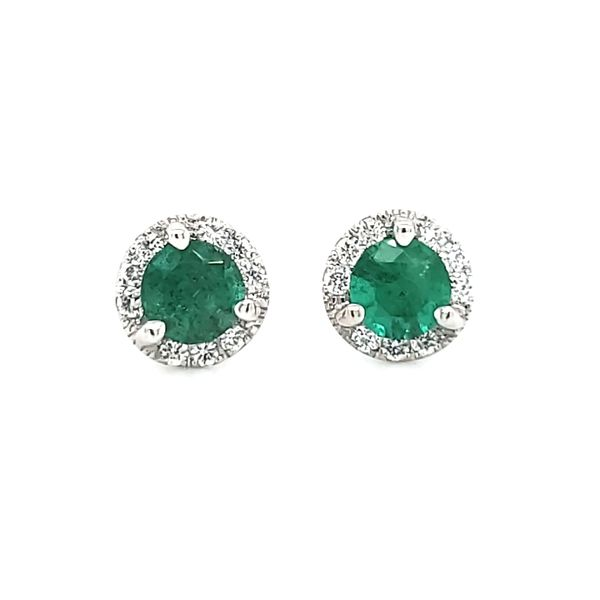 14K White Gold Emerald & Diamond Halo Stud Earrings Image 2 Quality Gem LLC Bethel, CT