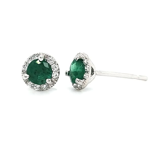 14K White Gold Emerald & Diamond Halo Stud Earrings Image 3 Quality Gem LLC Bethel, CT