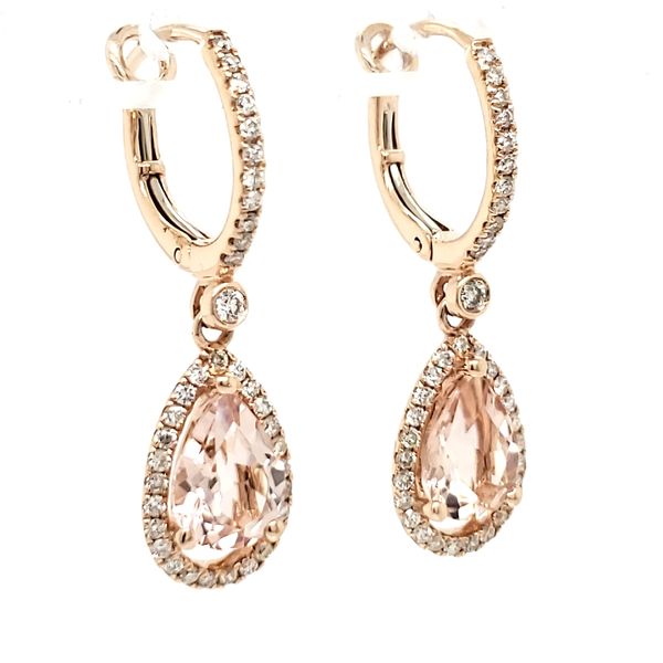 14K Rose Gold Pear Morganite & Diamond Dangle Earrings Image 3 Quality Gem LLC Bethel, CT