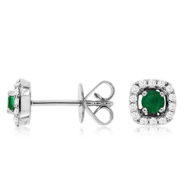 14K White Gold Emerald & Diamond Halo Stud Earrings Image 2 Quality Gem LLC Bethel, CT