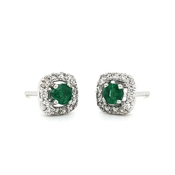 14K White Gold Emerald & Diamond Halo Stud Earrings Image 3 Quality Gem LLC Bethel, CT