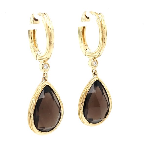14K Yellow Gold Pear Smoky Quartz & Diamond Dangle Earrings Image 3 Quality Gem LLC Bethel, CT